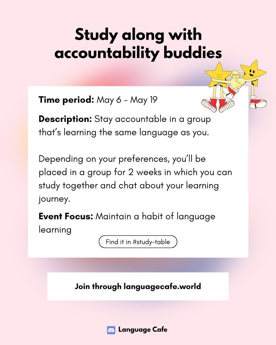 LanguageCafe's tweet photo. Finding it hard to stay consistent on your own? Our next Accountability Buddies session is here to help!

From May 6 to May 19, you can get placed in a dedicated study group with others learning the same language as you. 

Ready to find your study crew? #studytwt #langtwt https://t.co/Q51AM1I1Yq