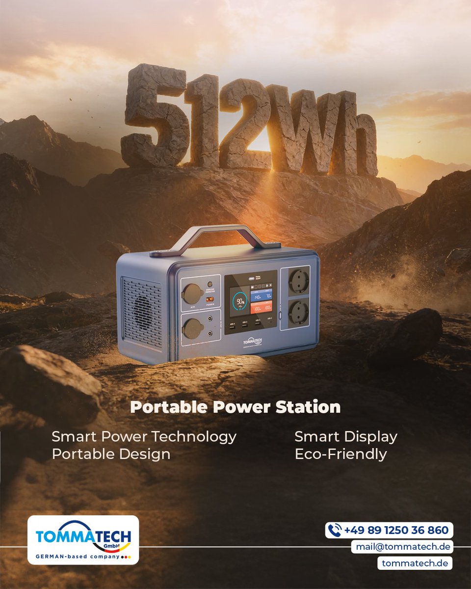 tommatech's tweet photo. Power without limits.

The 512Wh Portable Power Station delivers reliable energy wherever life takes you.
Compact design, smart technology, and eco-friendly performance—all in one.

☎️+49 89 1250 36 860
📨mail@tommatech.de

#TommaTech #solarenergy https://t.co/pUd2oaPfZc