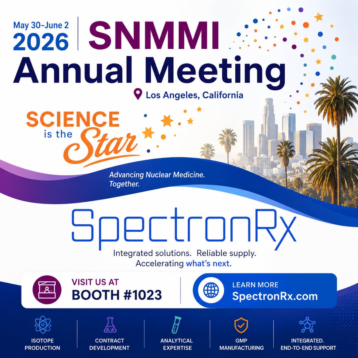 SpectronRx's tweet photo. We're excited to attend the SNMMI 2026 Annual Meeting. Visit us at Booth 1023.

We look forward to connecting with partners, customers, and industry leaders shaping the future of nuclear medicine in Los Angeles.

#Radiopharmaceuticals #NuclearMedicine #Theranostics #CDMO https://t.co/5DFzhO3eNT