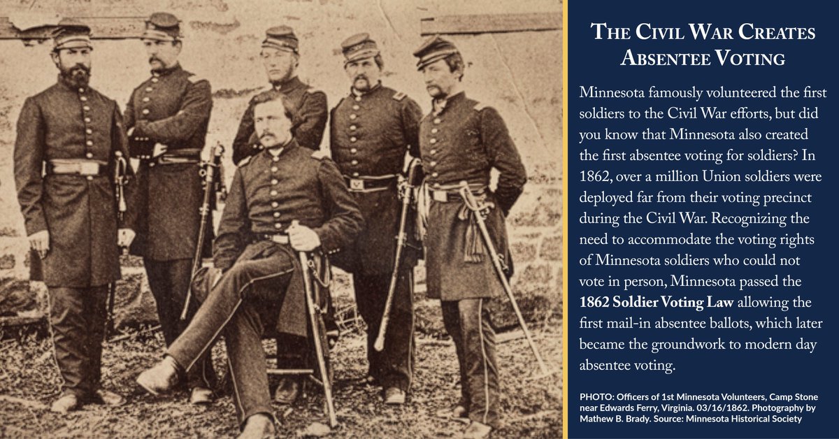 MNSecofState's tweet photo. MAY IS MILITARY APPRECIATION MONTH
Many Minnesotans know the state volunteered the first soldiers to the Civil War, but did you know that Minnesota also created the first mail-in absentee ballot to allow deployed soldiers to vote? Learn more at: https://t.co/MowKphXOvd https://t.co/Xsrb3ZdPK2