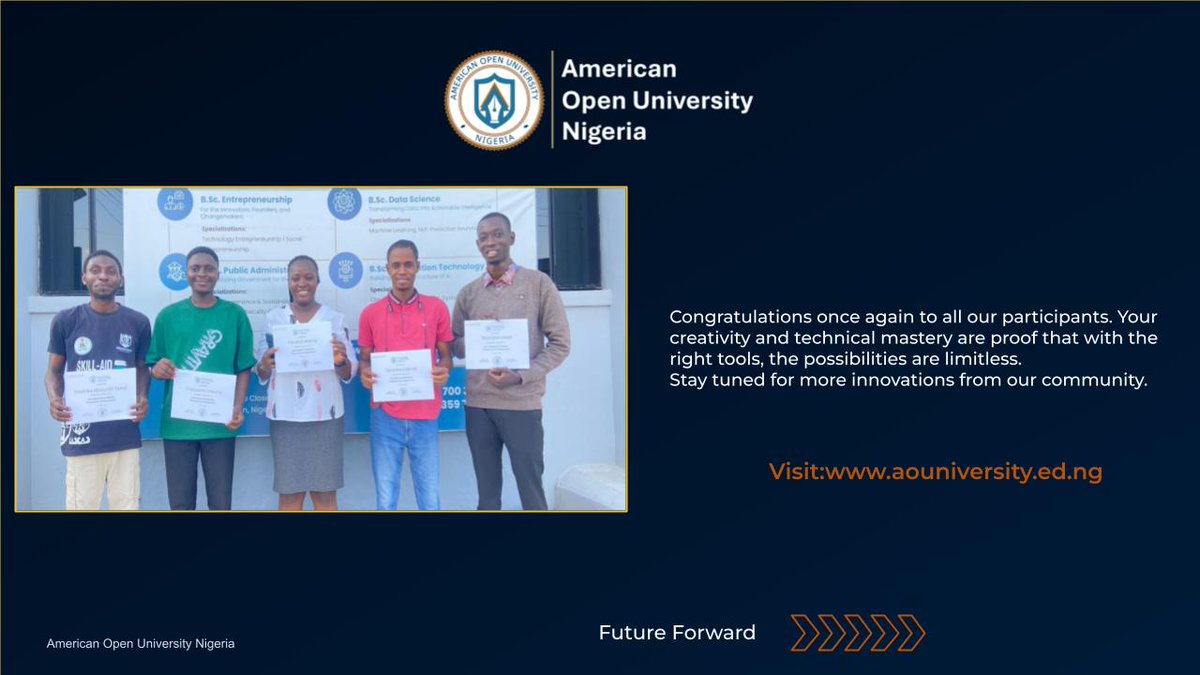 AGlobal_Campus's tweet photo. The AI Bootcamp  was a success. s
Skills define the future.
To celebrate, we are awarding Full B.S.c scholarship to the top 3 winners 
Big shoutout to our winners:
🥇 Fakunle Olajuwon Ayomide
🥈 Adeniji Flourish
🥉 Lawal Mubaraq Tolulope

 #Innovation #SkillsMatter #NigeriaTech https://t.co/LVz9A2TZYb