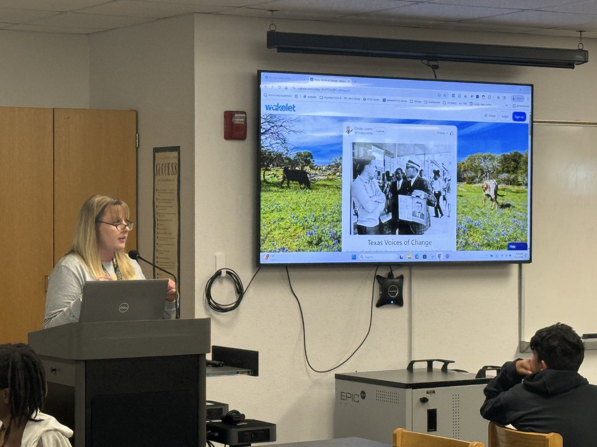 lindacoolbaugh's tweet photo. @SCUCISD @DobieJunior Dobie’s amazing librarian Christy Loomis sharing a Wakelet of resources related to Civil Rights in Texas History she curated for the students to help with their research projects. #scucisd #scucit https://t.co/E5qjRT5llc