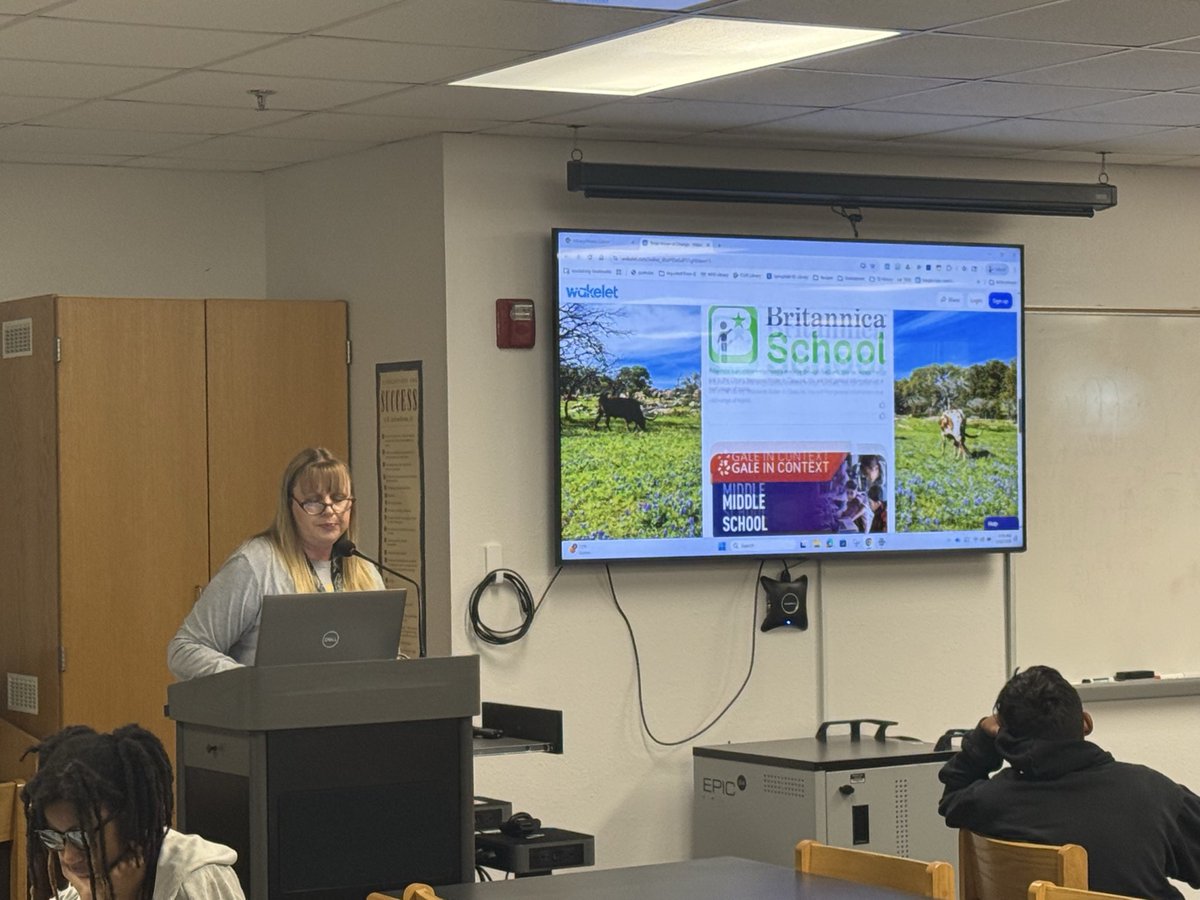 lindacoolbaugh's tweet photo. @SCUCISD @DobieJunior Dobie’s amazing librarian Christy Loomis sharing a Wakelet of resources related to Civil Rights in Texas History she curated for the students to help with their research projects. #scucisd #scucit https://t.co/E5qjRT5llc
