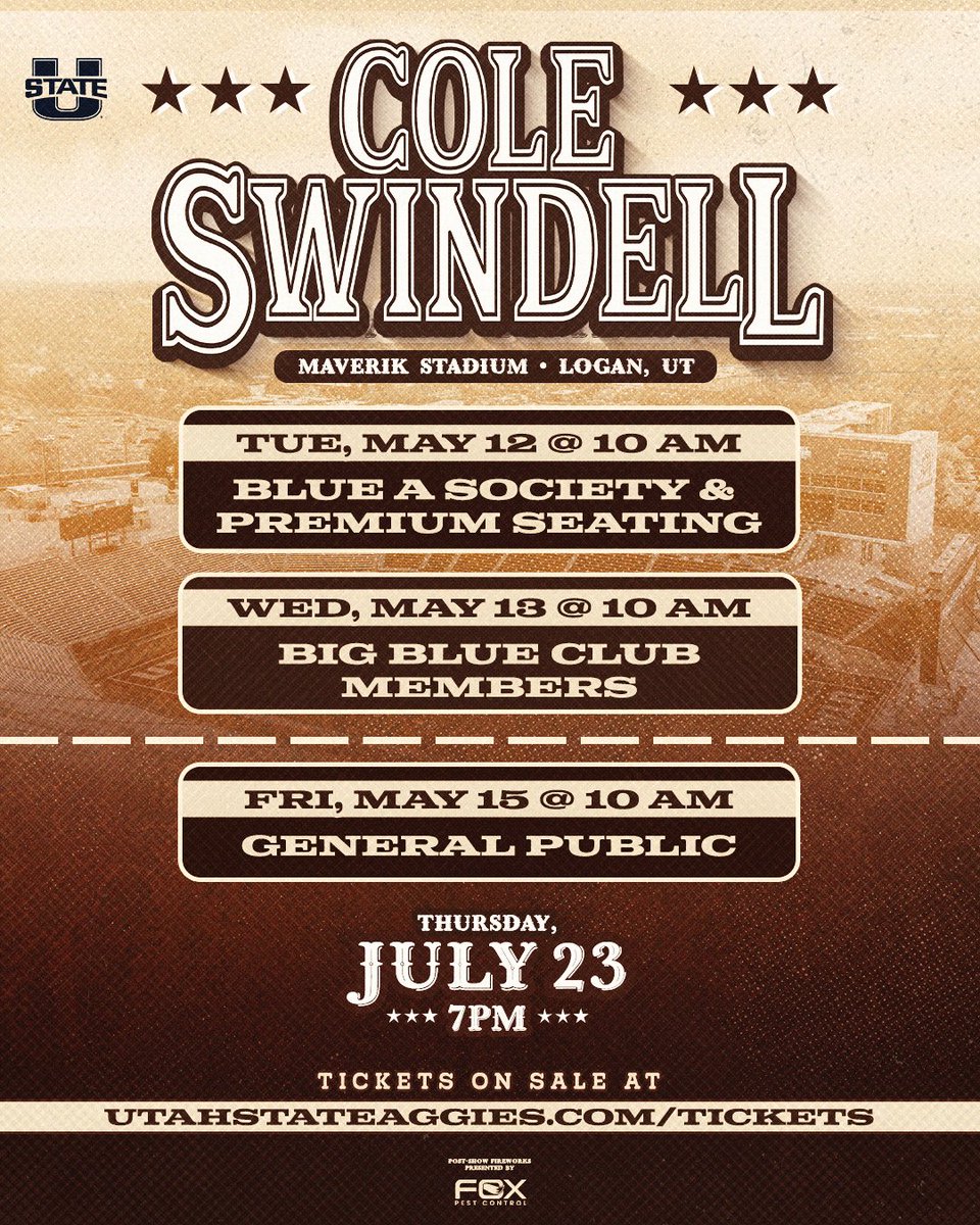USUAthletics's tweet photo. July 23 with @coleswindell can't come soon enough!

Presale and on sale dates and times are below. Can't wait to see you in Maverik Stadium!   

➡️ https://t.co/XgFcQVNIvK https://t.co/3u4DKqHEwI
