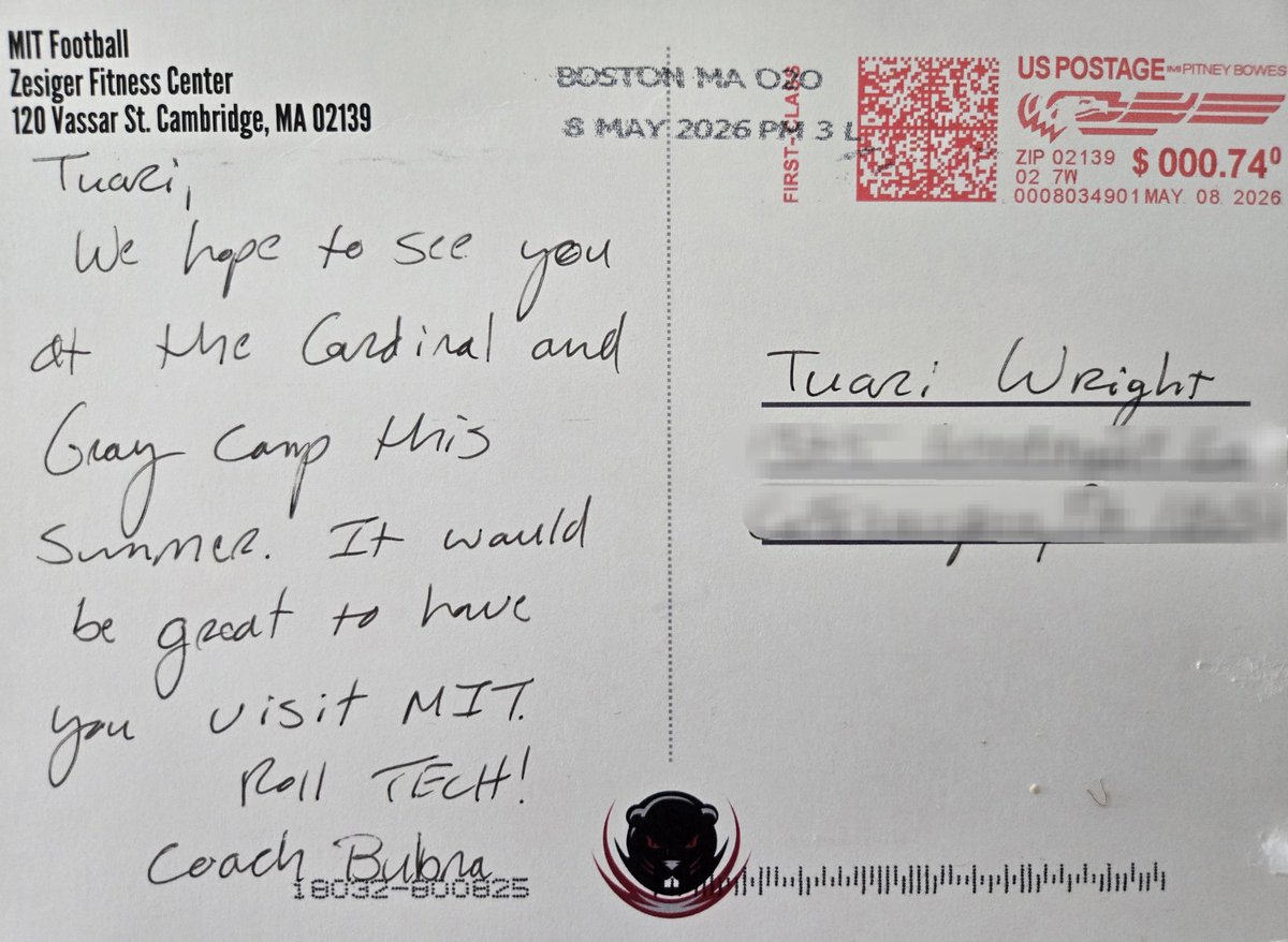 TuariWright's tweet photo. Thank you, @bbubna, for the mail! I'm so excited to get up there to @MITFootball for the Cardinal and Gray camp 🦫🏈 #RollTech #AGTG #GoRoughs @EdOBrienCFB @PAPrepVarsity @CHSRoughRiders https://t.co/xG9LnkNXgC
