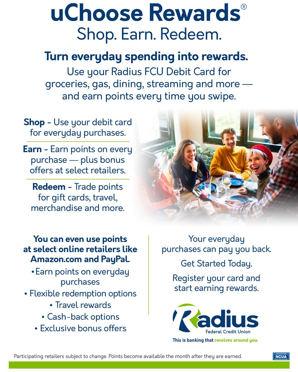 RadiusFCU's tweet photo. Why let your purchases stop at checkout? 

With uChoose Rewards, every swipe of your Radius debit card earns points you can redeem for travel, gift cards, cash back and more.

Use your card. Earn points. Enjoy the perks.

#RadiusFCU #uChooseRewards https://t.co/g2133E9L5I