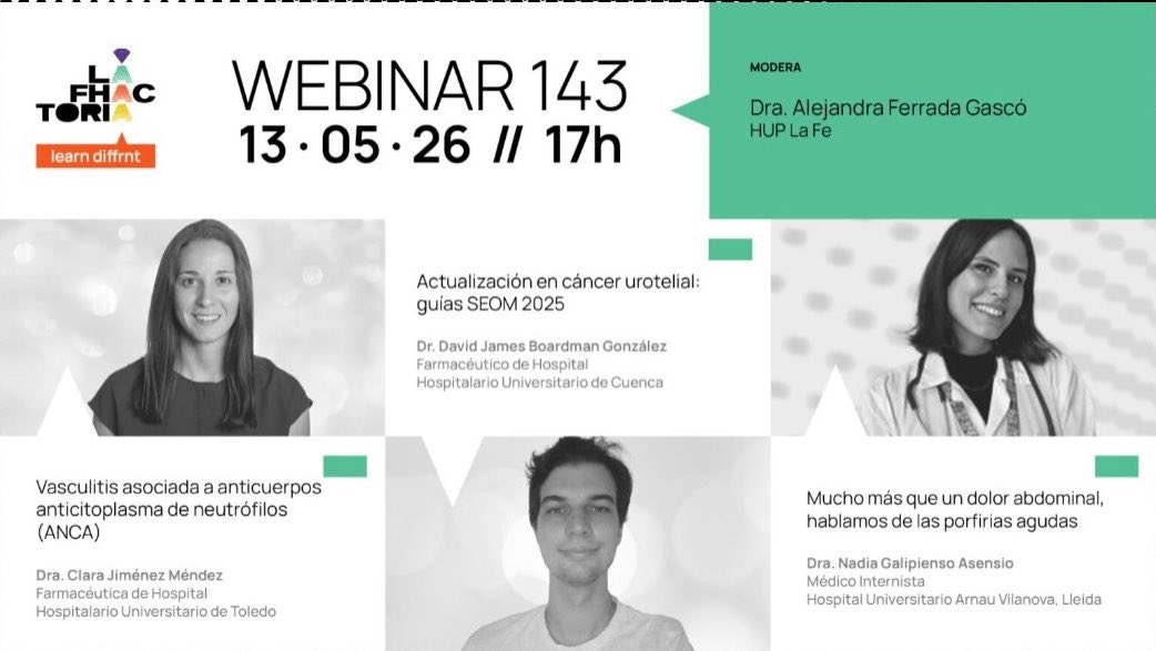 Farmacia_CHUT's tweet photo. No os perdáis el Webinar 143 de #LaFHactoria con la participación de nuestra compañera @Clariita4 y su sesión “Vasculitis asociada a anticuerpos anticitoplasma de neutrófilos (ANCA)” https://t.co/GUiOF0Qyu2