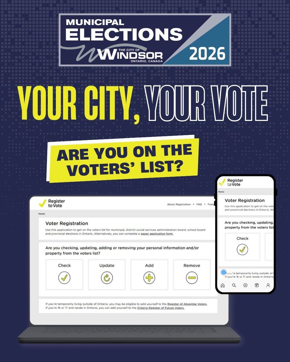 ElectionWindsor's tweet photo. 🗳️ Windsor voters, are you ready for the next #MunicipalElection? Make sure you’re on the voters’ list before it’s time to cast your ballot on Monday, October 26, 2026! Add, update, or verify your voter information today at https://t.co/ops8XZVF5P #YQG https://t.co/9Vbf24Wru4