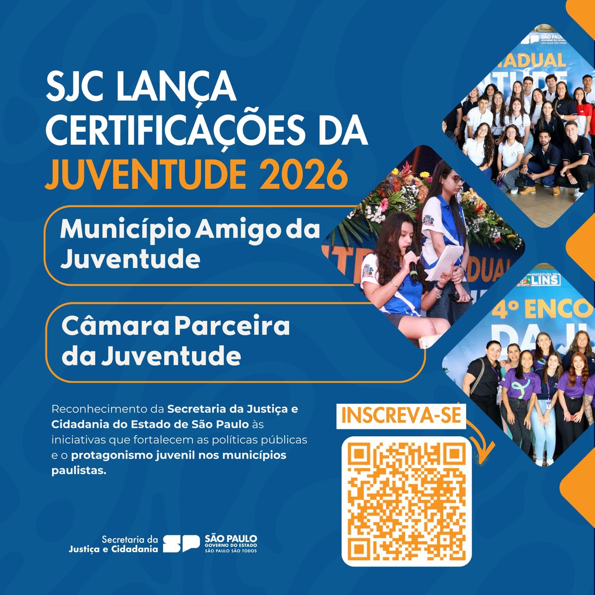 JusticaSP's tweet photo. SJC institui Certificado Município Amigo da Juventude 2026 e Câmara Parceira da Juventude 2026, reconhecendo iniciativas de fortalecimento das políticas públicas de juventude em SP. Inscrições abertas até 05/06/2026: https://t.co/9qsgD115KH https://t.co/QsQzCNTsLH