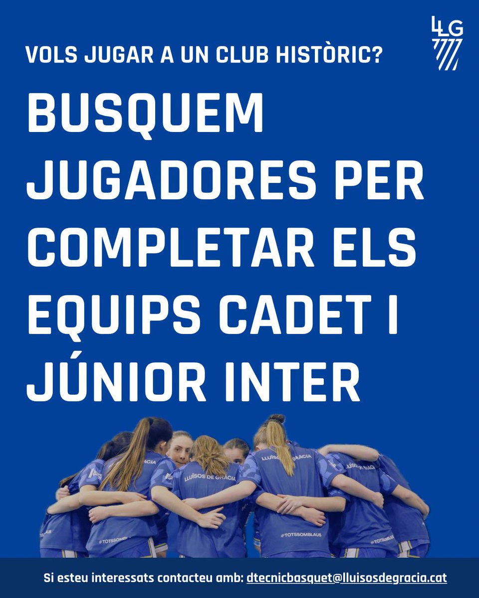 BasquetLldG's tweet photo. Busquem jugadores per completar els nostres equips Cadet i Junior a categoria interterritorial.
Si estàs interessada envia'ns un correu i vine a provar.🏀💙🏀💙 #totssomblaus #blausambvalors https://t.co/VAY7VHXtpt