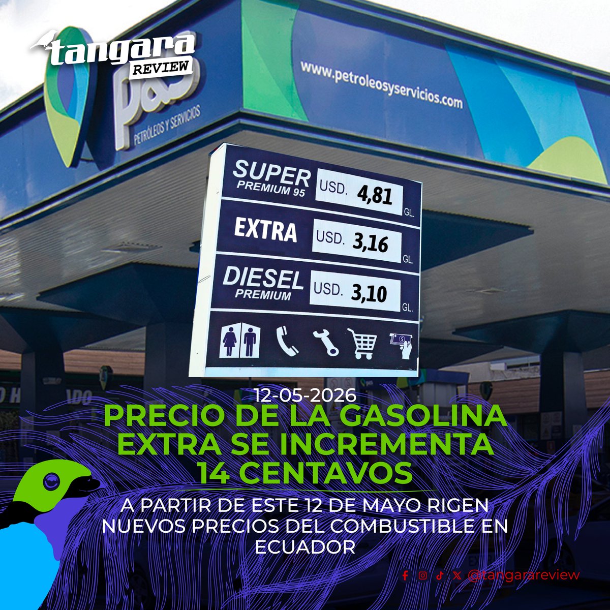 TangaraReview's tweet photo. #Combustible ⛽

A partir de las 00:00 horas del 12 may 2026, los conductores ecuatorianos deberán pagar nuevos precios por el despacho de combustibles en todas las estaciones de servicio a nivel nacional. https://t.co/wBLBoE1Tbj