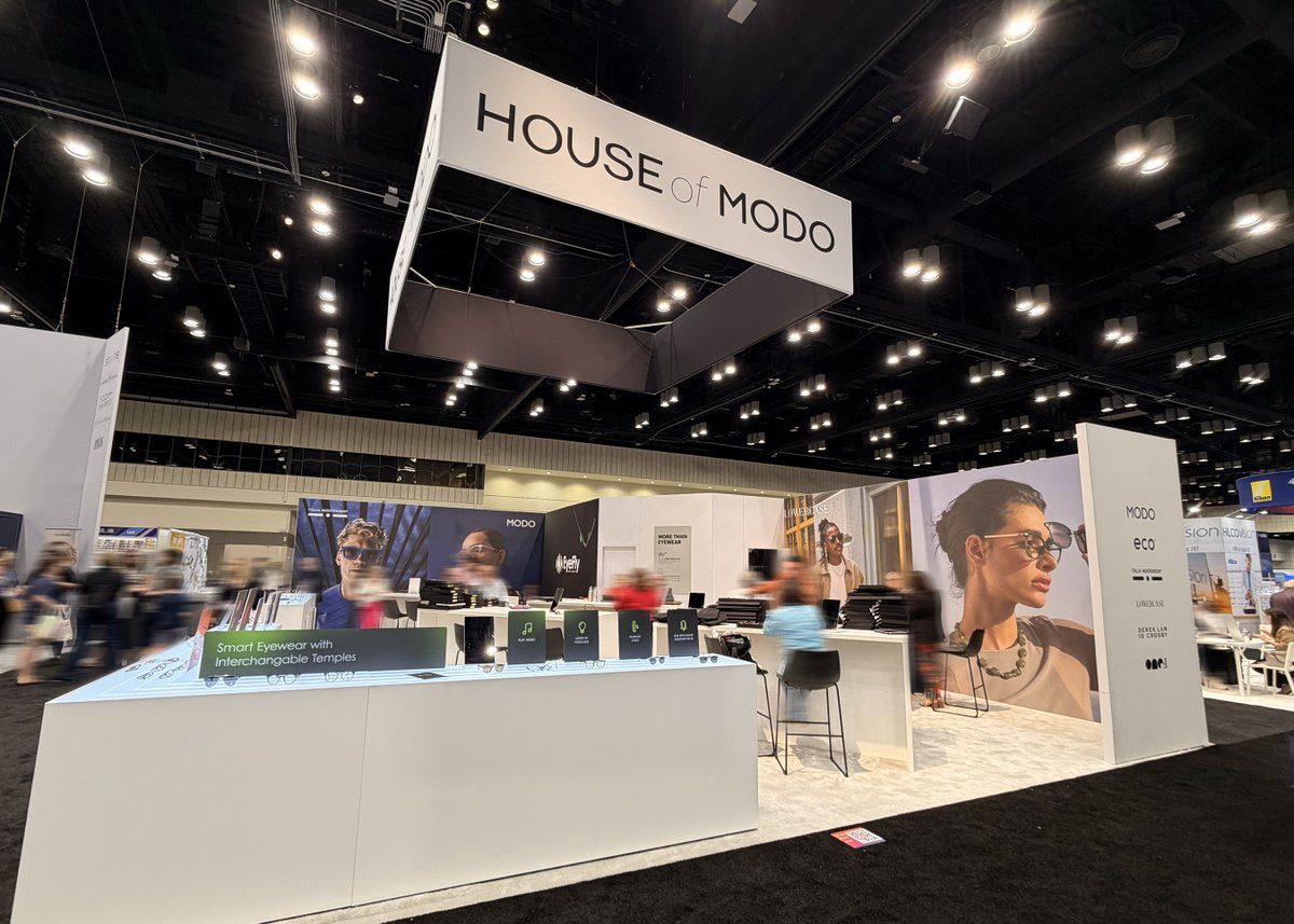wearegilbert's tweet photo. Our long-term partner, MODO Eyewear, showcased its latest, lightweight, and modern designs at Vision Expo in Orlando, FL. The 2026 collections featured premium materials, including new titanium and acetate styles, alongside their innovative EyeFly audio-only AI frames. https://t.co/thwe8qWrIn
