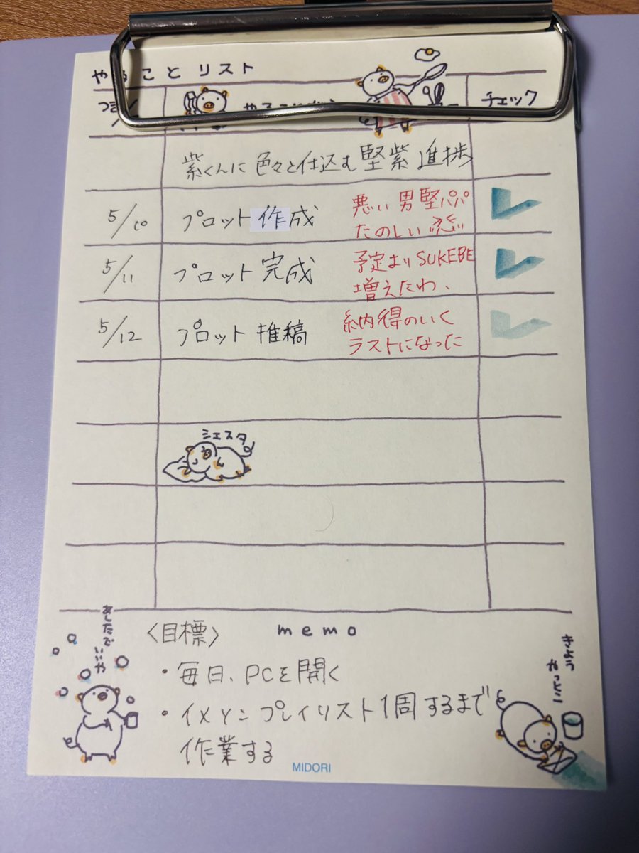 昨日、考えたプロットを考え直した。
個人的に納得のいくラストになったので、よかった😌
後、作業の目標も立てとこ。