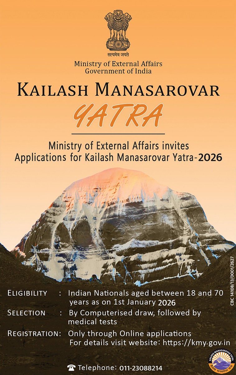 MEAIndia's tweet photo. Registrations for MEA-organized Kailash Manasarovar Yatra (KMY) 2026 closing soon !! 

Interested candidates are encouraged to apply before 19 May 2026. 

For further details, please visit https://t.co/JOFOPx4O1T https://t.co/2CFzYMPhcK
