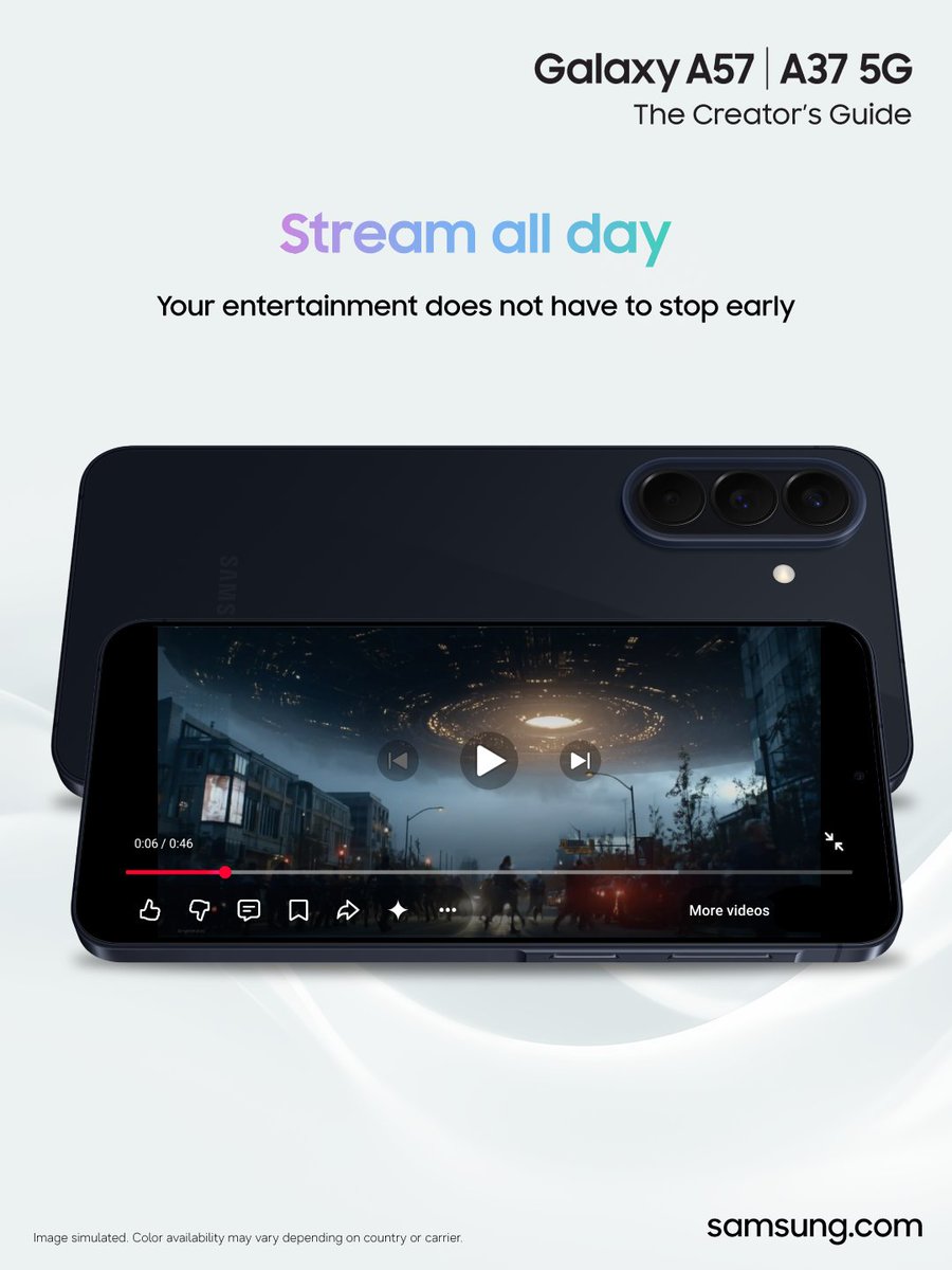 samsungmobileng's tweet photo. Stream all day. Scroll all day. Stay on all day.
The new #GalaxyA57 and #GalaxyA37 5G are built to keep up with the way you use your phone.
What would you put this battery to work on first?
https://t.co/bIuH38b8UE
#AwesomeFeelsLikeThis
#TheCreatorsGuide
#SamsungNigeria https://t.co/CrHG1OQAke