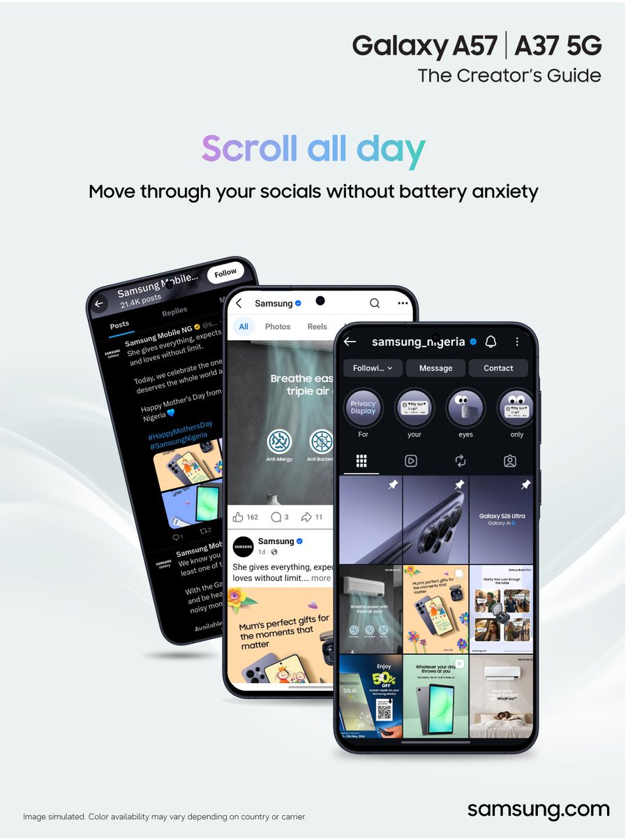 samsungmobileng's tweet photo. Stream all day. Scroll all day. Stay on all day.
The new #GalaxyA57 and #GalaxyA37 5G are built to keep up with the way you use your phone.
What would you put this battery to work on first?
https://t.co/bIuH38b8UE
#AwesomeFeelsLikeThis
#TheCreatorsGuide
#SamsungNigeria https://t.co/CrHG1OQAke