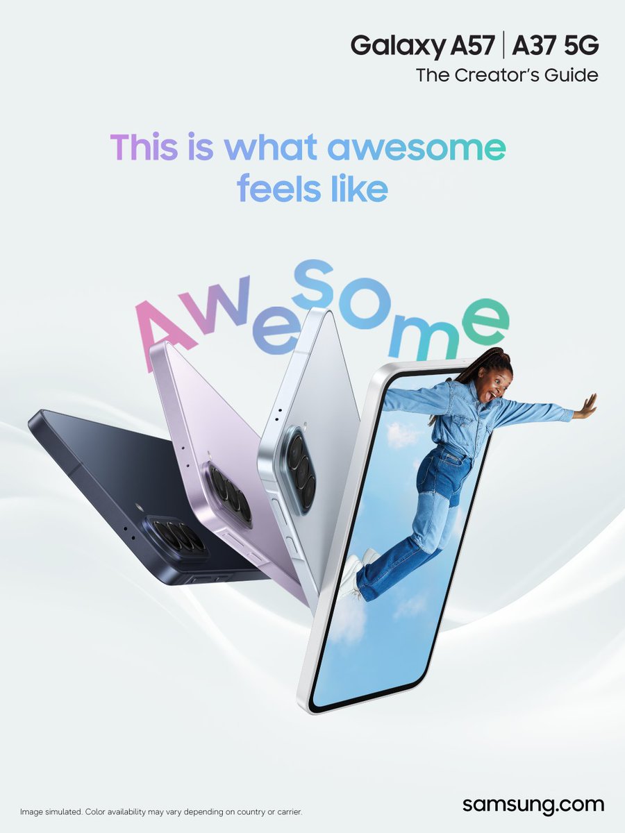 samsungmobileng's tweet photo. Stream all day. Scroll all day. Stay on all day.
The new #GalaxyA57 and #GalaxyA37 5G are built to keep up with the way you use your phone.
What would you put this battery to work on first?
https://t.co/bIuH38b8UE
#AwesomeFeelsLikeThis
#TheCreatorsGuide
#SamsungNigeria https://t.co/5FsXtvIqQk