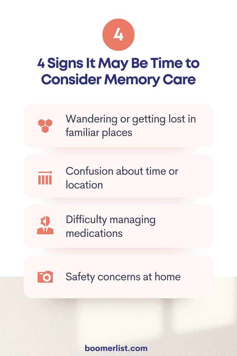 TheBoomerList's tweet photo. Knowing when it's time to consider memory care for a loved one with dementia or Alzheimer's is one of the hardest decisions families face. 

These four signs can help you recognize when the right kind of care could keep your loved one safer and reduce the strain on your family. 

Find memory care communities in your area on https://t.co/Vq9ondGBgL — a free national directory built specifically for older adults and the people who care about them. No ads, no data selling, just real listings.