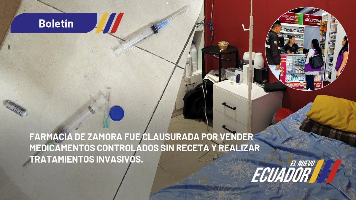 Arcsa_Ec's tweet photo. Medicamentos hipnóticos de uso controlado eran vendidos sin receta médica en una farmacia de #Zamora, donde además realizaban tratamientos invasivos prohibidos por ley. 🚫💊

Boletín completo en ➡️ https://t.co/1lGz4vsOR2 👈🏽

#ArcsaControla ✅
#ElNuevoEcuador 🇪🇨 https://t.co/WcLlb1Ureg