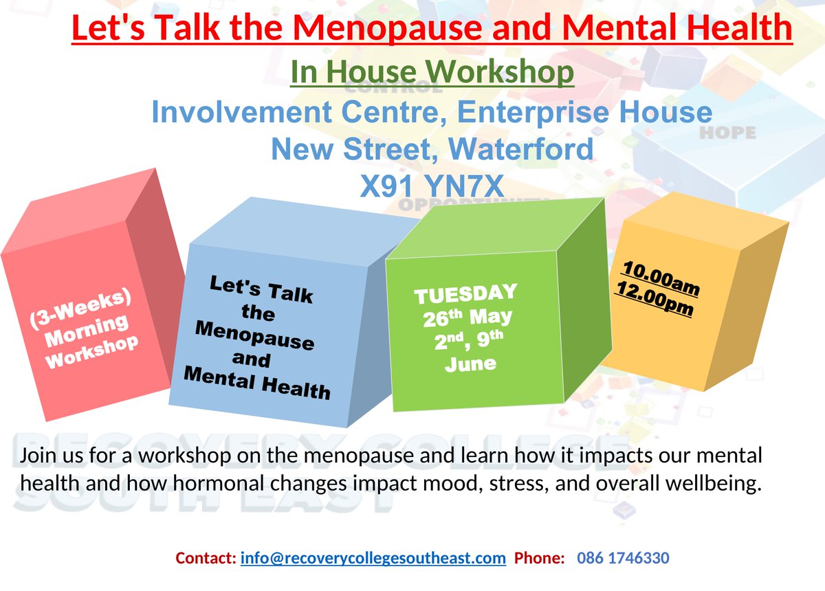 RecoverySe's tweet photo. Spaces still available! Let's Talk the Menopause and Mental Health, free 3-week workshop.  Waterford. 
Tues 26th May, 2nd &amp; 9th June. 
Learn how menopause affects mood, stress &amp; wellbeing. 
📧 info@recoverycollegesoutheast.com 
☎️ 086 1746330
 #Waterford #Menopause #MentalHealth https://t.co/hDSWBfQnAF
