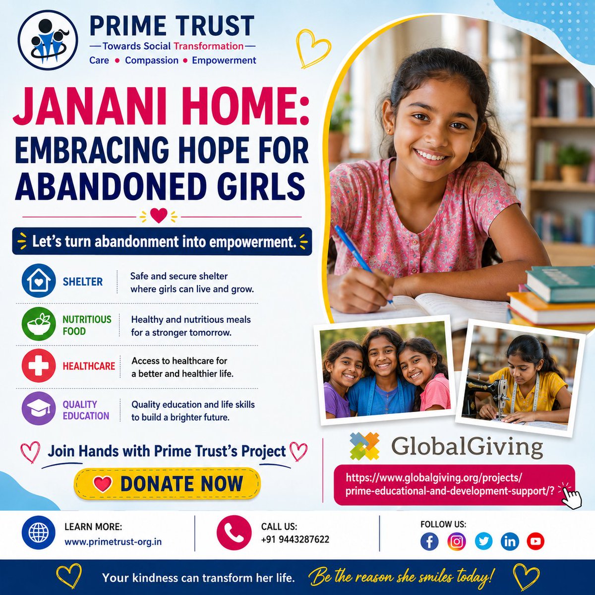 Prime_Trust's tweet photo. 🌸 Help transform the lives of abandoned girls at #JananiHome 💙

Your support provides shelter, food, healthcare &amp; education for a brighter future.

🤝 Join hands with Prime Trust

 https://t.co/lfK8nUs9db?
🌐 https://t.co/YfqVGIwmK2
📞 +91 9443287622
#DonateNow #SupportGirls https://t.co/jFUH1F9VZb
