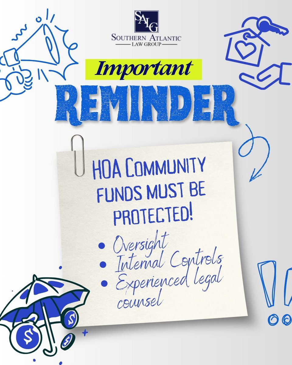 SouthernAtlant2's tweet photo. A recent Florida HOA fraud case is a reminder: protecting community funds takes more than trust. Strong controls, regular oversight, and experienced legal counsel matter.

Southern Atlantic Law Group helps HOAs safeguard their communities and budgets. #FLlaw #HOAlaw https://t.co/ecaUJg6Y3g