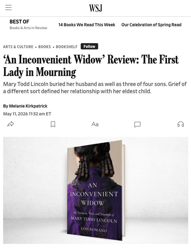 loisromano's tweet photo. "An exhaustive and sympathetic biography of a woman whose legacy deserves re-examination." —@WSJ 

An “exemplary examination" of one of America's most vilified First Ladies.

An Inconvenient Widow is out May 19 from @SimonBooks. Preorder: https://t.co/t1W89UQknT 

@FordsTheatreNPS @hildene @ALPLM @ohmaryplay