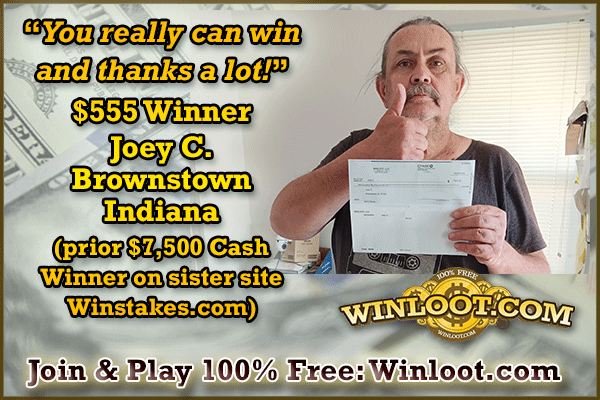 Winloot's tweet photo. 🏆You really can win, and win again, when you keep playing the Winloot family of free sweepstakes sites! 🥳Congrats, again, Joey!💸

✔️Play Now: https://t.co/YturVqjVe7
100+ Ways to #win up to $10,000,000!🆓100% FREE! https://t.co/xxBsr7OOpf