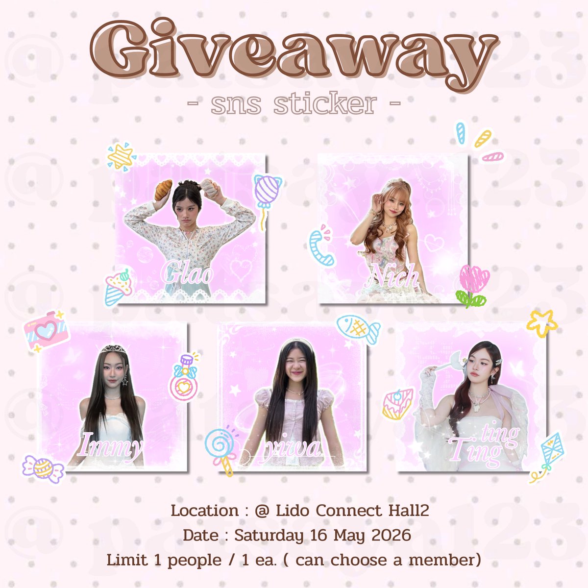 patsaya123's tweet photo. ˓𓄹 ࣪˖ แจก Giveaway งานใน
#SNS_The1stFanMeet 𓏲 ๋࣭ 

Location : @ Lido Connect Hall2
Date : Saturday 16 May 2026

** Limit 1 people / 1 ea. **
( can choose a member )

#SNS_The1stFanMeet
#SUNSUpresentsSNS_The1stFanMeet
#SugarNSpice #SNS https://t.co/2FMxLOoZ1N