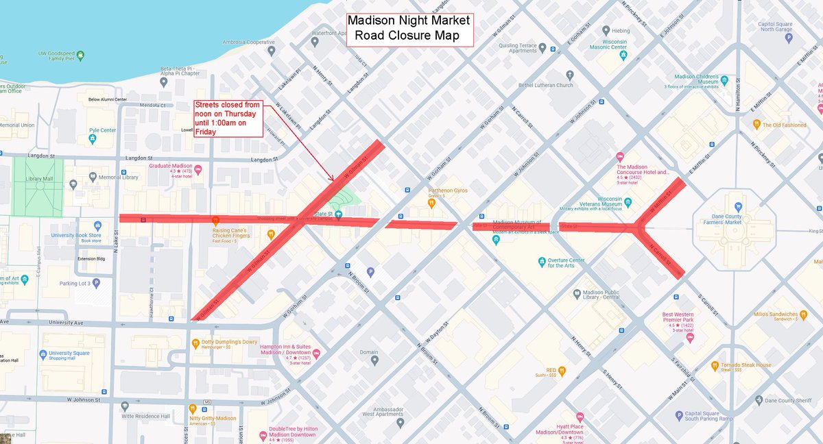 CityofMadison's tweet photo. Starting at noon on Thursday, May 14th, multiple streets will be closed for the Madison Night Market and will reopen at 1:00 AM on Friday, May 15th.

News Release:
https://t.co/h8Z2bjsely

Night Market Website:
https://t.co/vl405xh1If https://t.co/dpErmh8hm5