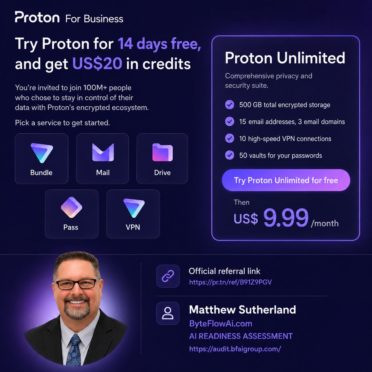 ByteFlowAI's tweet photo. I've been using Proton and thought you might like it. It's a secure email, cloud storage, password manager, and VPN that protects your privacy. Sign up with this link to get 14 days of premium features for free: https://t.co/7y330X3oit via @ProtonPrivacy https://t.co/ejlEzODlM9