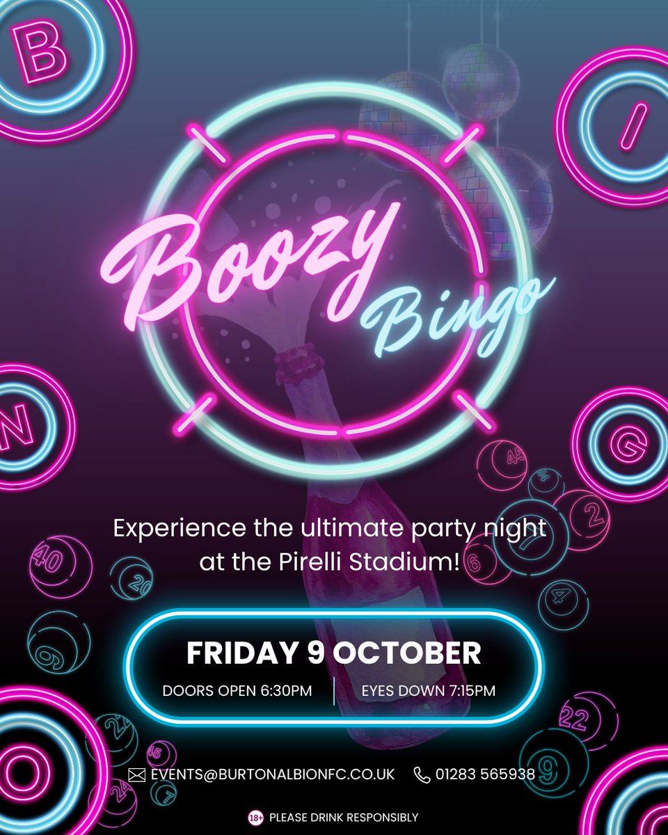 BAFCEvents's tweet photo. Boozy Bingo is back! 🍾

On Friday 9 October 2026, our popular party night will return to the Pirelli Stadium.

Get in touch with the events team now for more information or to book your place.

🪩 #TheBrewers https://t.co/m18opAAfCX