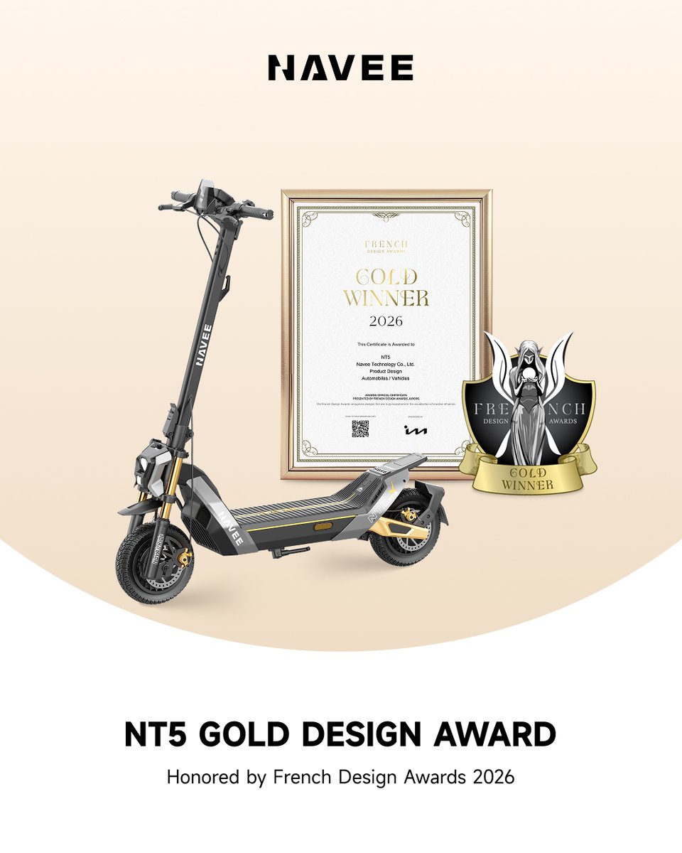 navee_tech's tweet photo. Excellence in design, driven by innovation. 🏆

We are incredibly honored to announce that NAVEE has swept the 2026 French Design Awards, taking home four prestigious honors:

🔘 Platinum Winner: ST5 & XT5
🟡 Gold Winner: UT5 & NT5

These awards are a testament to our unwavering commitment to design-led innovation and a user-first philosophy. By blending cutting-edge R&D with sustainable aesthetics, we continue to redefine the future of the smart mobility ecosystem.

A huge thank you to our team and our community for riding with us toward a smarter, greener future. 🌍⚡️

#NAVEE #FrenchDesignAwards #IndustrialDesign #SmartMobility #Innovation #Sustainability #DesignExcellence