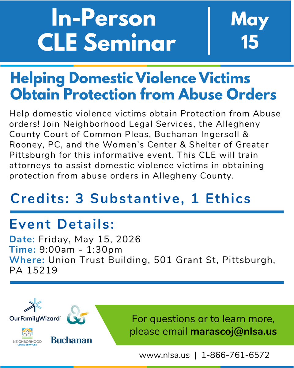 NLSAPGH's tweet photo. Join us this Friday, May 15, 2026, from 9:00 am to 1:30 pm at Buchanan Ingersoll &amp; Rooney, for an In-Person CLE seminar!

Advance registration is required. Breakfast courtesy of the event host, Buchanan Ingersoll &amp; Rooney. Lunch will be provided by OurFamilyWizard. https://t.co/pgoKad1Qw1