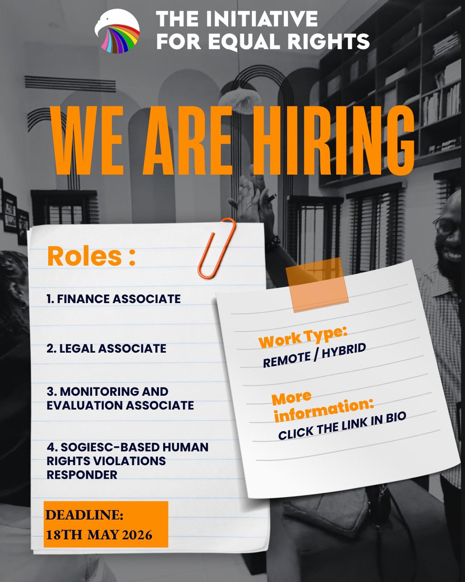 TIERsNigeria's tweet photo. The Initiative for Equal Rights is hiring for multiple roles:
1. Finance Associate
2. Legal Associate
3. Monitoring and Evaluation Associate
4. SOGIESC-Based Human Rights Violations Responder https://t.co/JrLjrVQHON