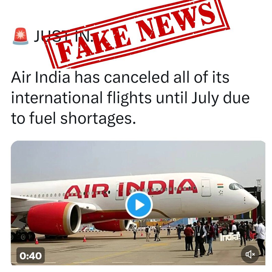 AirIndia_News's tweet photo. #FakeNews Alert: Malicious and fabricated claims circulating on certain platforms alleging that Air India has cancelled all international flights are completely false and baseless.

For accurate information, please rely only on official Air India channels. https://t.co/GqjjPfWeeI