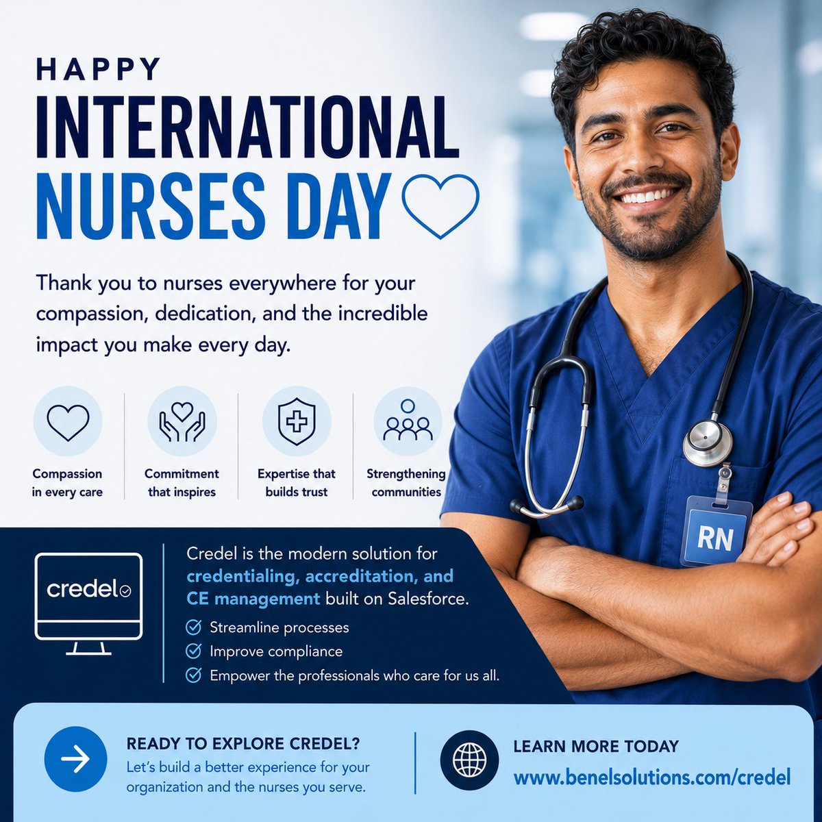 benelSolutions's tweet photo. Nurses manage far more than patient care alone. Credentialing, CE, renewals, compliance, and more all happen behind the scenes. Credel from benel Solutions helps modernize it all. Honored to serve the organizations supporting nurses every day. #NursesDay #Compliance #CRM #AMS https://t.co/JmIdWELkyn