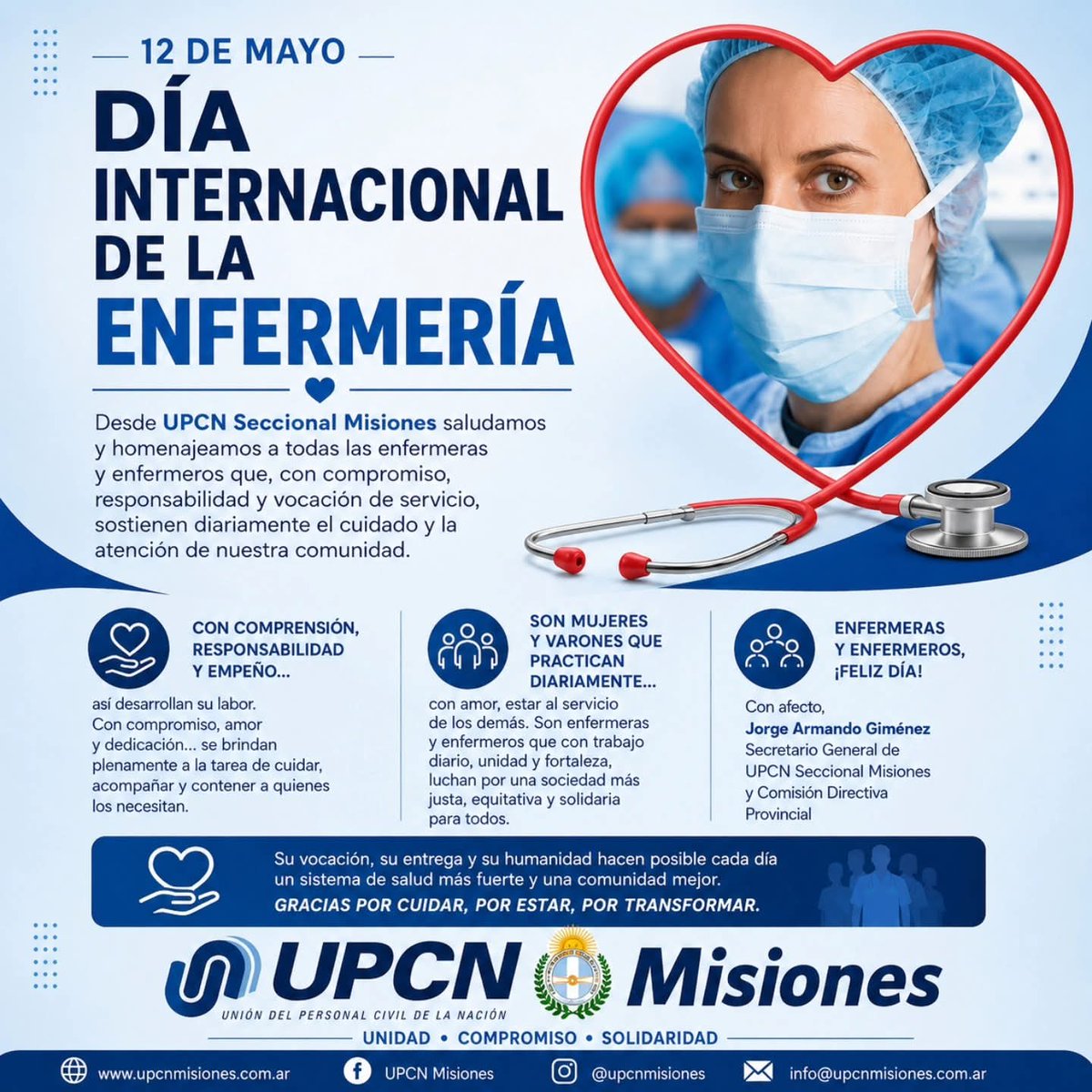 DavidFraga140's tweet photo. 💙 12 DE MAYO | DÍA INTERNACIONAL DE LA ENFERMERÍA

Desde UPCN Seccional Misiones saludamos y homenajeamos a todas las enfermeras y enfermeros que, con compromiso, responsabilidad y vocación de servicio, sostienen diariamente el cuidado y la atención de nuestra comunidad. https://t.co/7JXbd91BXD