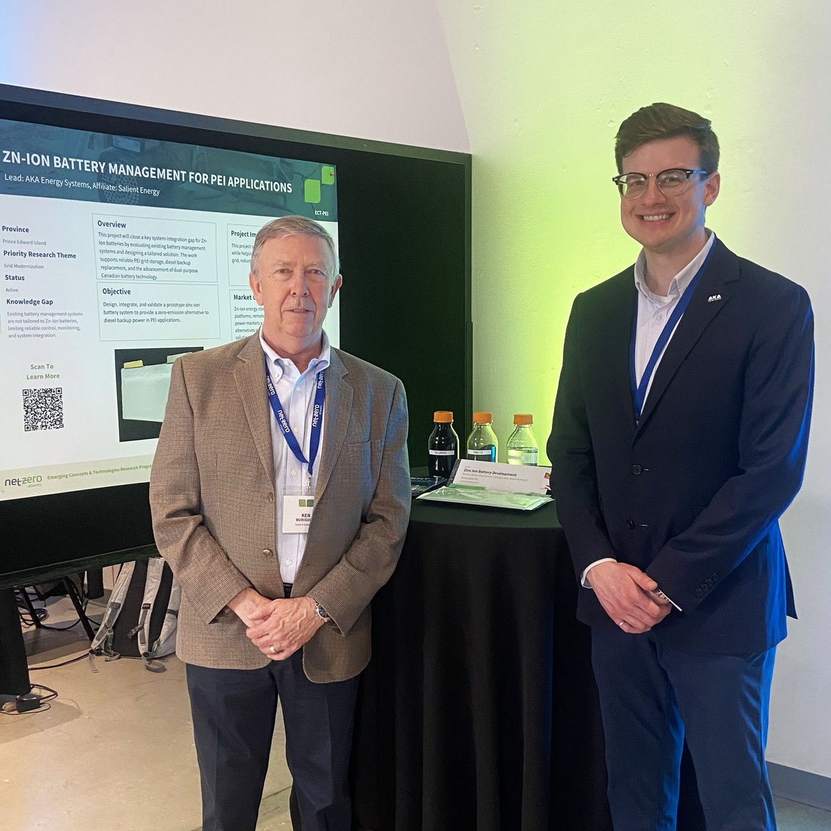 aka_group's tweet photo. Last week in Halifax for the Net Zero Atlantic ECT Showcase at Pier 21. Spencer Lynch (AKA) and Ken Rudisuela (Salient) shared progress on our zinc-ion battery project, advancing a safer, diesel-free energy solution for PEI.

#NetZeroAtlantic #CleanEnergy https://t.co/1rOiC6RBMB