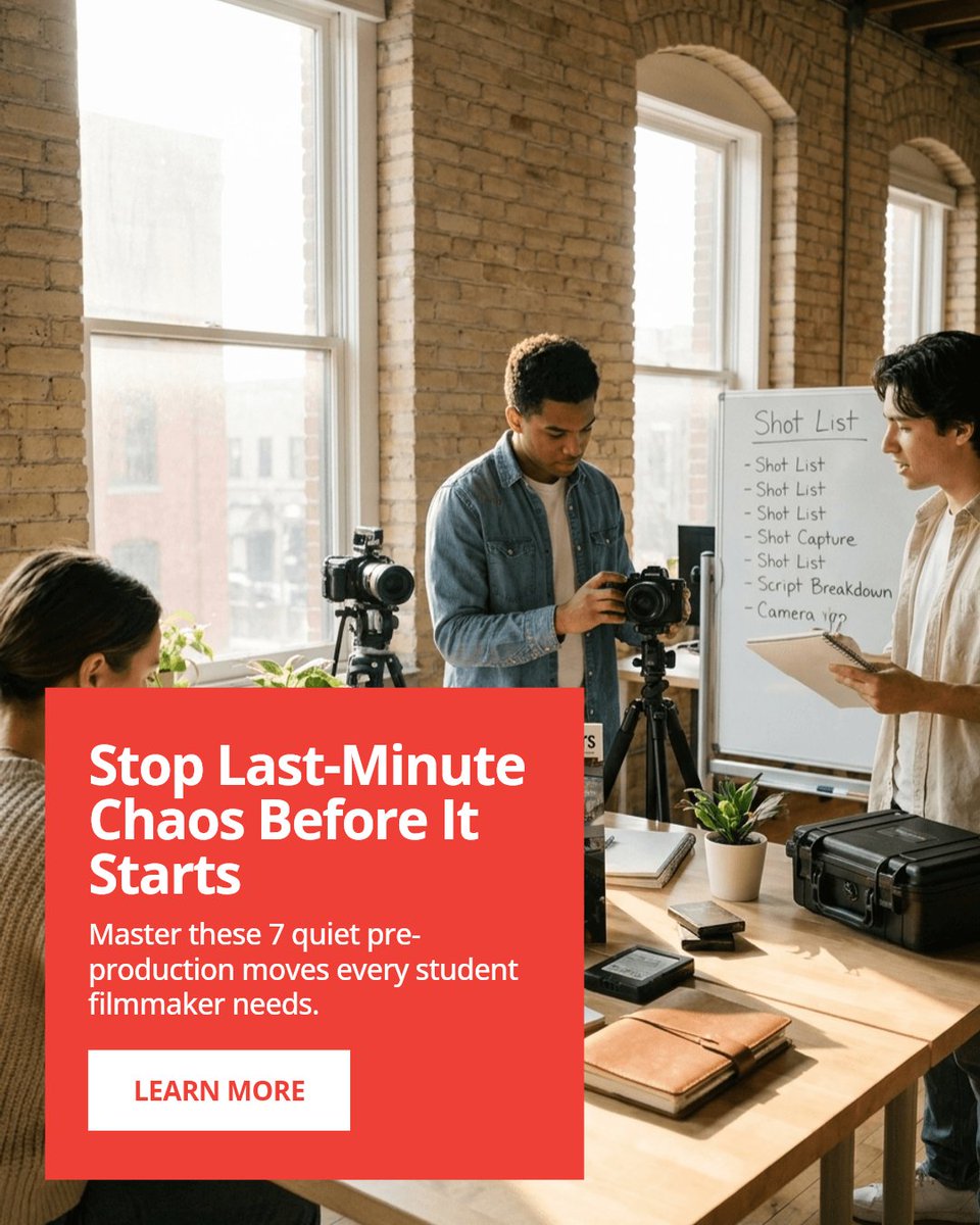 StudentFilmMag's tweet photo. 7 quiet pre-production moves that stop last-minute chaos for student filmmakers:

1. Script breakdowns
2. Clear shot lists
3. Location scouts
4. Gear checks
5. Casting confirmations
6. Schedule buffers
7. Communication plans

What's your go-to prep step? Share below! https://t.co/VwUyF3JKNc
