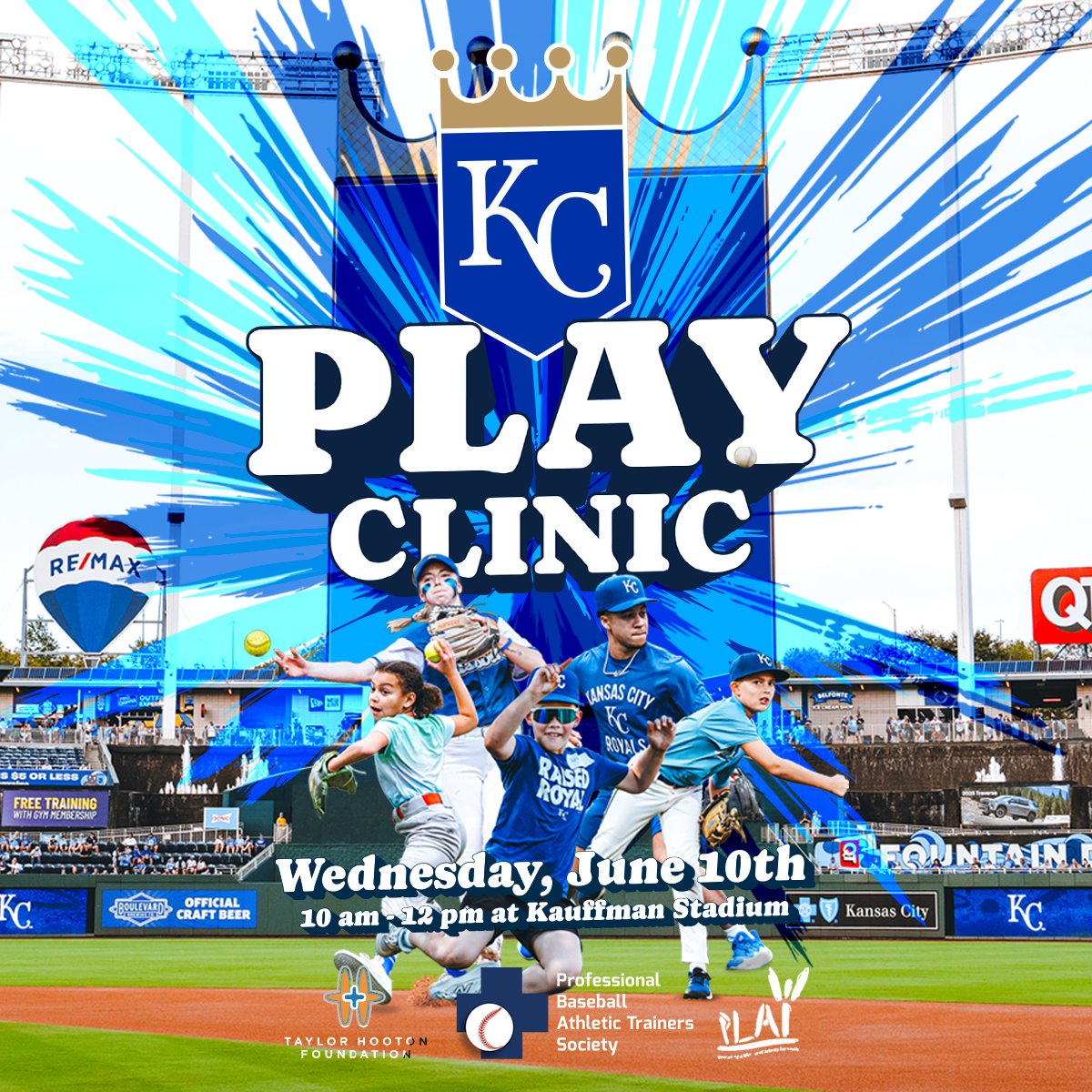 KCRoyalsFdn's tweet photo. Join the Kansas City Royals for this year’s PLAY Clinic at Kauffman Stadium on Wednesday, June 10!

Teenagers (ages 13–18) will get hands-on experience with baseball & softball drills, fun games, and the chance to connect with Royals players and athletic trainers. Additionally, they will receive tickets to the game against the Texas Rangers.

PLAY (Promoting a Lifetime of Activity for Youth) is a nationwide initiative led by Professional Baseball Athletic Trainers Society in partnership with Major League Baseball Foundations, Taylor Hooton Foundation, and Henry Schein Cares Foundation—focused on encouraging healthy, active lifestyles for youth.

Clinic highlights include:
Stretching & warm-ups with athletic trainers
 Skill-building drills & on-field games
Strength & conditioning sessions
Nutrition talk with the team nutritionist

Don’t miss this incredible opportunity to learn, play, and be inspired! Click the link to sign up: https://t.co/LiqHoH3m6E