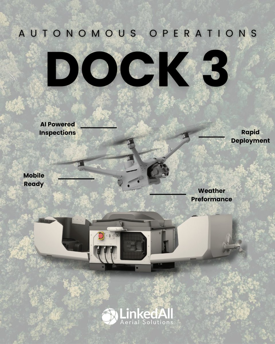 LinkedallAerial's tweet photo. Autonomous drone ops are here.

Dock 3 enables 24/7 remote deployment, mobility, and AI inspections. Fast launch, weather-ready, and built to reduce downtime while improving precision.

#Dock3 #DroneTechnology #AutonomousOperations https://t.co/jI6keLEmJK