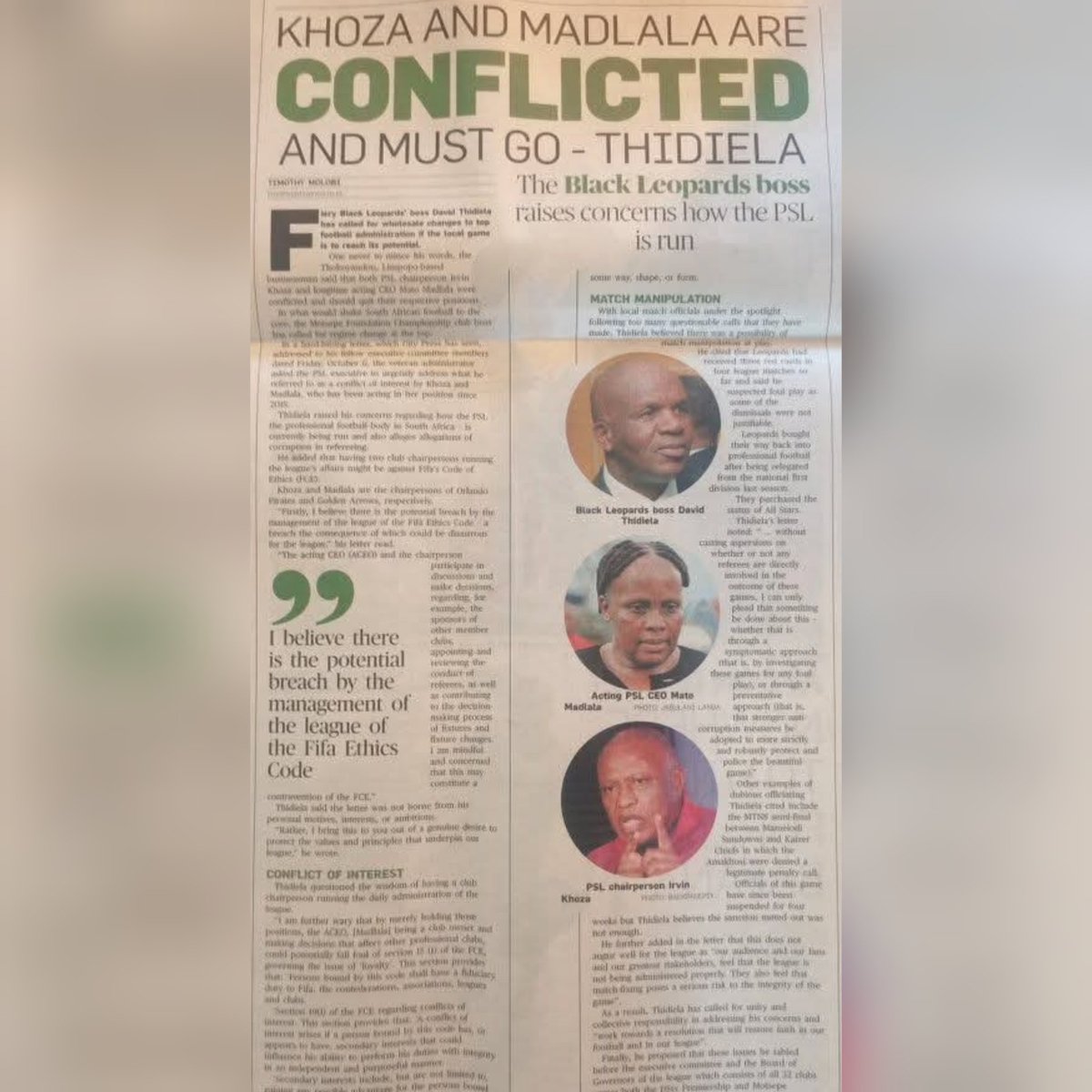 YELL0MAN's tweet photo. David Thidiela is calling for Irvin &amp; Mato to Go to save South African football! Thidiela claims a huge Conflict of Interest—Khoza &amp; Madlala own clubs (Pirates &amp; Arrows) while running PSL.Alleges FIFA Ethics Code breaches.Raised red flags over games rigging
#Sundowns #BetwayPrem https://t.co/tI5XItrjOJ