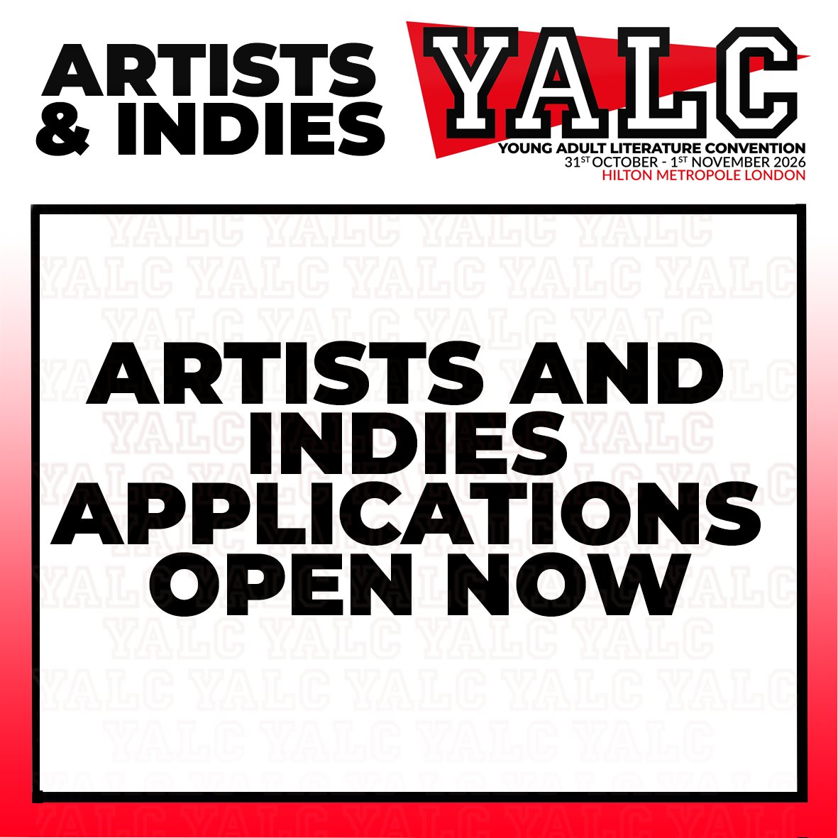 YALC_UK's tweet photo. The artist and indies applications are now open! If you are interested, please email yalc@showmastersevents.com

Applications close 20th June!! Make sure you do not leave it to late to apply for YALC 2026!

Make sure you tag some artists & indies you would like to see at YALC 2026!

We can not wait to share who will be attending YALC 2026!!!
#yalc #yalc2026