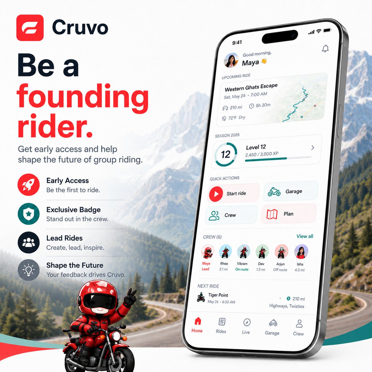 cruvoracing's tweet photo. Solo rides are great.

But the right crew changes everything.

Cruvo is a new app for motorcycle riders to find nearby riders, plan group rides, navigate together, and share the ride experience.

Our waitlist is opening very soon. Become a founding rider and help shape what comes next.

#RideTogether #MotorcycleApp #Cruvo #TwoWheels #RideMore