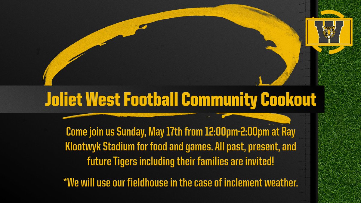 jtwestfootball's tweet photo. We have our beginning of summer cookout this Sunday (5/17) from 12pm-2pm at the stadium. In the case of inclement weather we will be in our fieldhouse. Excited to reconnect with all past, present, and future Tigers and their families! https://t.co/ndgWuOqZWY