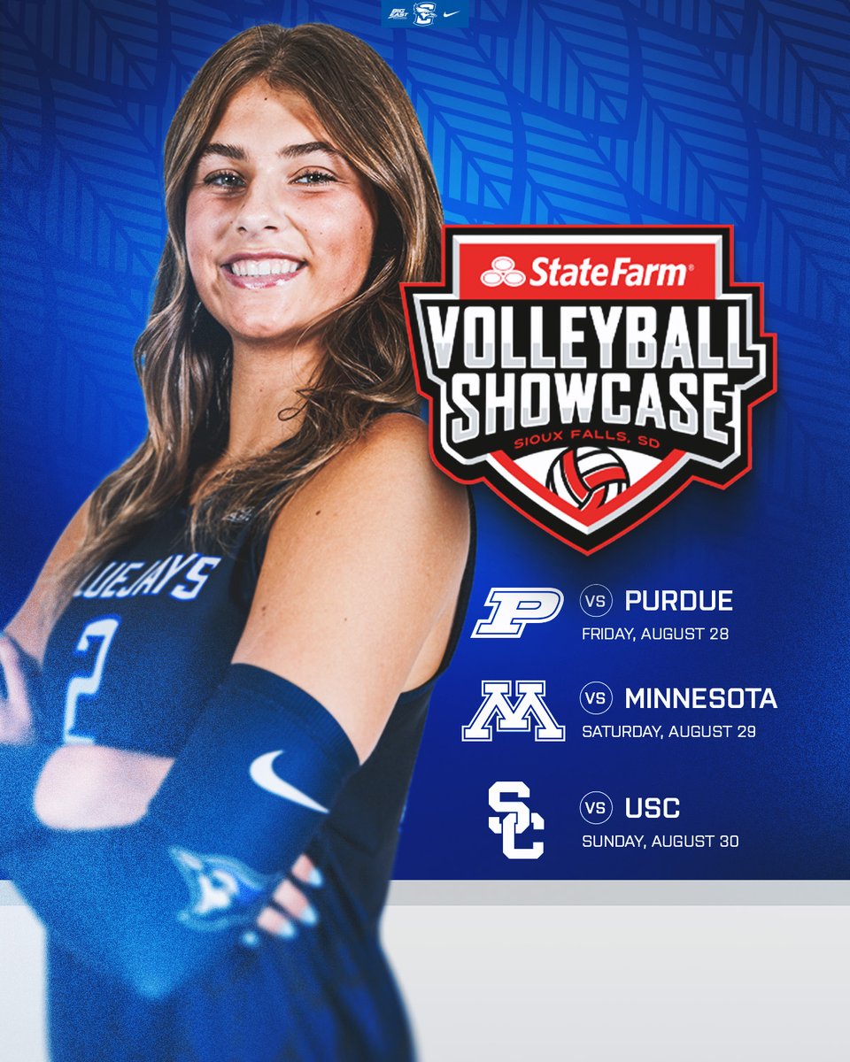 CreightonVB's tweet photo. Strong Competition in Sioux Falls 💪

The Bluejays will play Purdue, Minnesota, and USC at the State Farm Volleyball Showcase at the Sanford Pentagon.

📰 https://t.co/4V3aZWVfwb

#GoJays https://t.co/A1SC2zcpIW