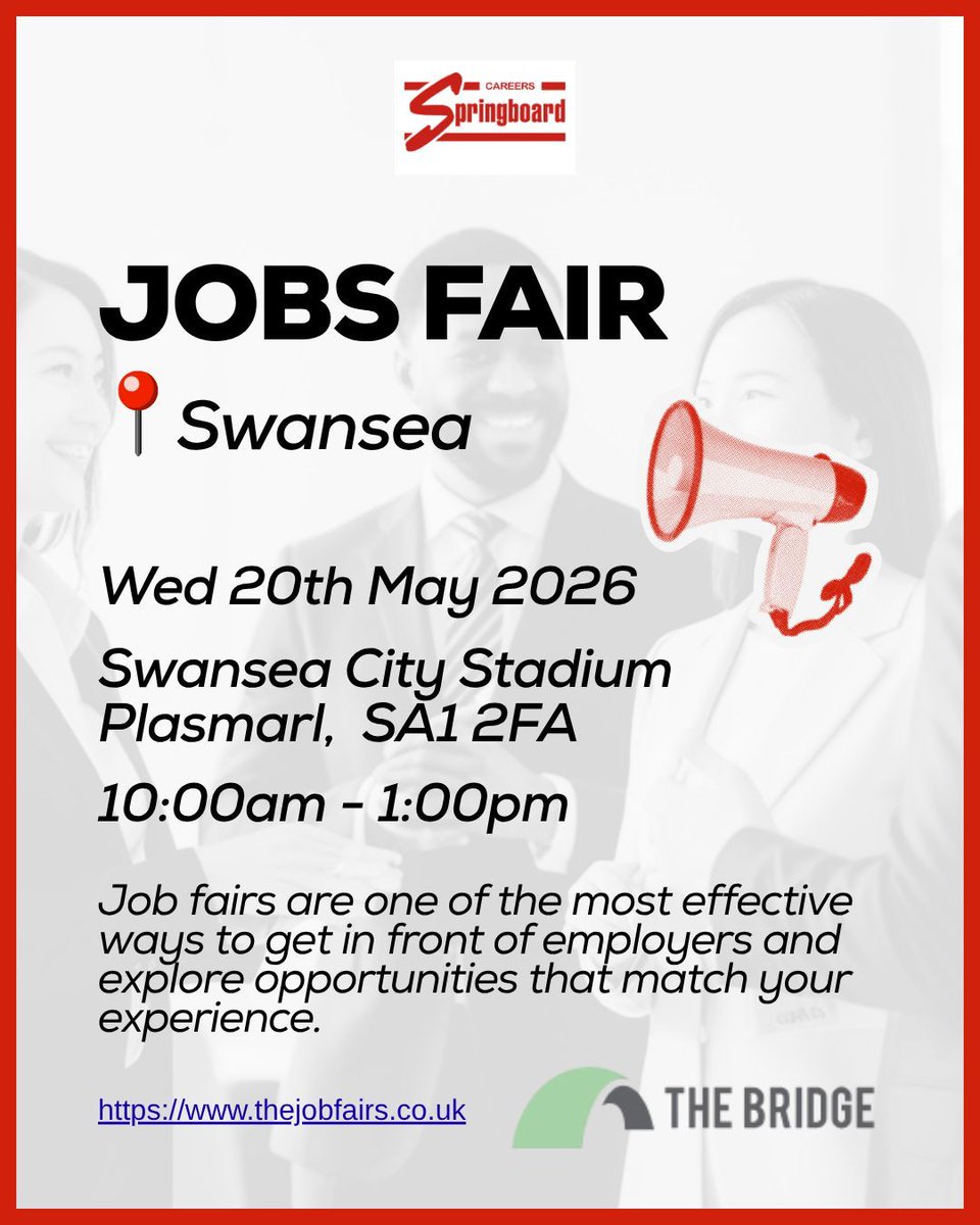CSGX_'s tweet photo. Careers Springboard is delighted to bring this opportunity to your attention.
📅 20 May 2026
📍 Swansea City Stadium, SA1 2FA
🕙 10:00am – 1:00pm
Free tickets. Pre-registration required.
👉 https://t.co/CJzSm4yyyq https://t.co/2AAEzZg9H6