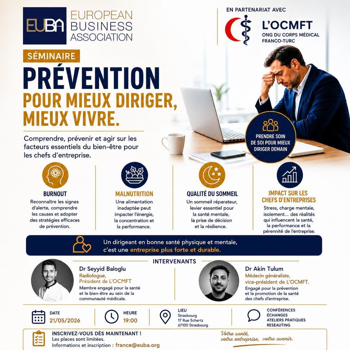 ibraykut's tweet photo. Aujourd’hui, nous parlons souvent de performance, de croissance et de réussite entrepreneuriale…
Mais trop rarement de la santé des dirigeants.En tant que président de l’European Business Association, je suis convaincu qu’un entrepreneur ne peut construire durablement sans préserver son équilibre physique et mental.C’est pourquoi nous organisons, en partenariat avec l’L’OCMFT, un séminaire dédié à la prévention et au bien-être des chefs d’entreprise.🧠 Burnout
🥗 Nutrition
😴 Qualité du sommeil
📈 Gestion du stress et impact sur la performanceDes sujets essentiels, souvent négligés, mais qui touchent aujourd’hui de nombreux https://t.co/fAQdoauzOn remercie chaleureusement nos intervenants, le Dr Seyyid Baloglu et le Dr Akin Tulum, pour leur engagement et leur contribution à cette initiative importante.📅 21 mai 2026
🕖 19h00
📍 StrasbourgJ’espère vous y voir nombreux pour un moment d’échange, de réflexion et de partage.Parce qu’un entrepreneur en bonne santé prend de meilleures décisions, inspire davantage et construit plus durablement.#EUBA #Entrepreneuriat #Leadership #Prévention #SantéMentale #Dirigeants #Business #Networking #Strasbourg #BienÊtre #Entrepreneurs