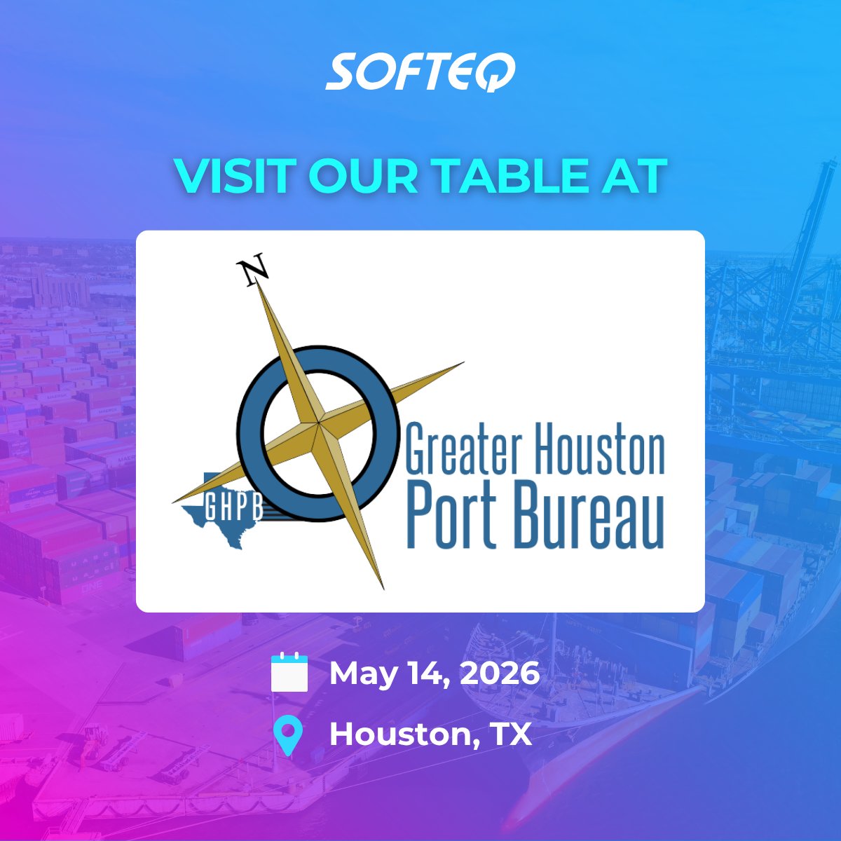 Softeq's tweet photo. We've worked across energy, industrial, logistics, and transportation for years. This week we're bringing that to a new conversation. 

We'll be at @portbureau's "Chaos to Clarity: Digitizing Pre-Arrival Communications" on May 14, joining the discussion on smarter workflows and better coordination across terminals, vessels, and port operators. 

Find our Energy Business Development Manager Cody Cupp at our table near the entrance. We'd love to connect!👋